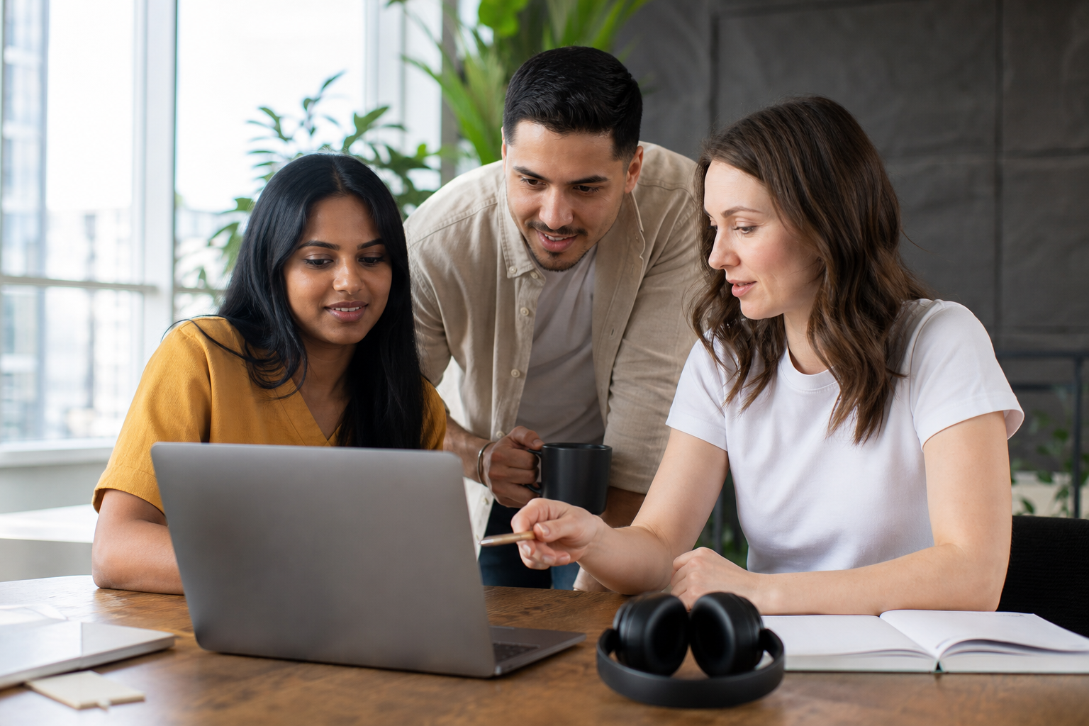 Diverse team collaborating on spoken content